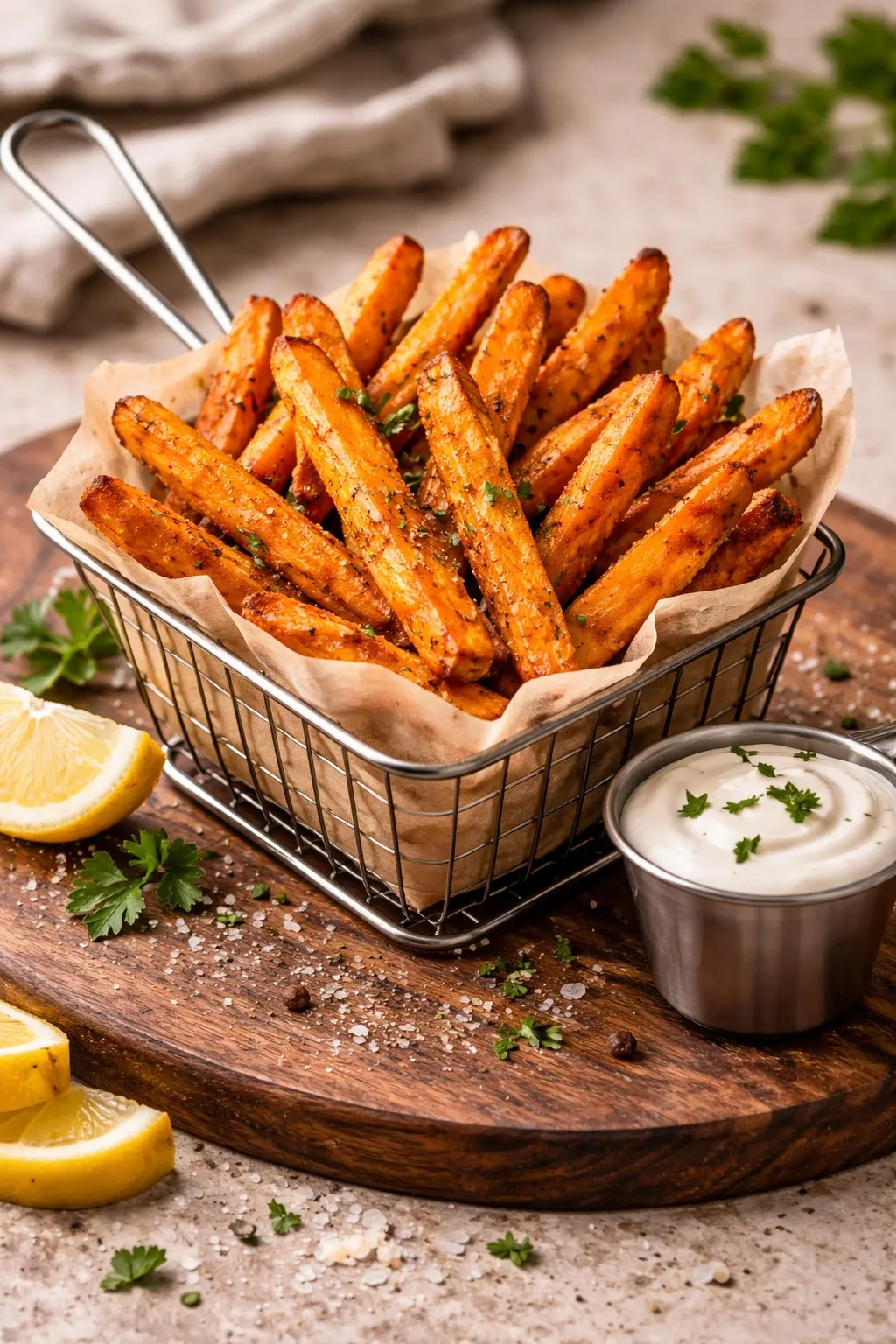 Fried sweet potato fries in a wire basket with lemon and dipping sauce