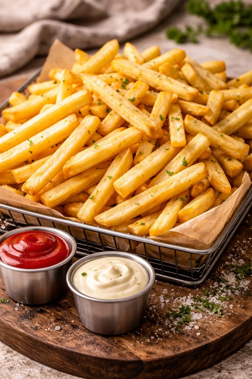 Freshly fried straight-cut fries served with dipping sauces
