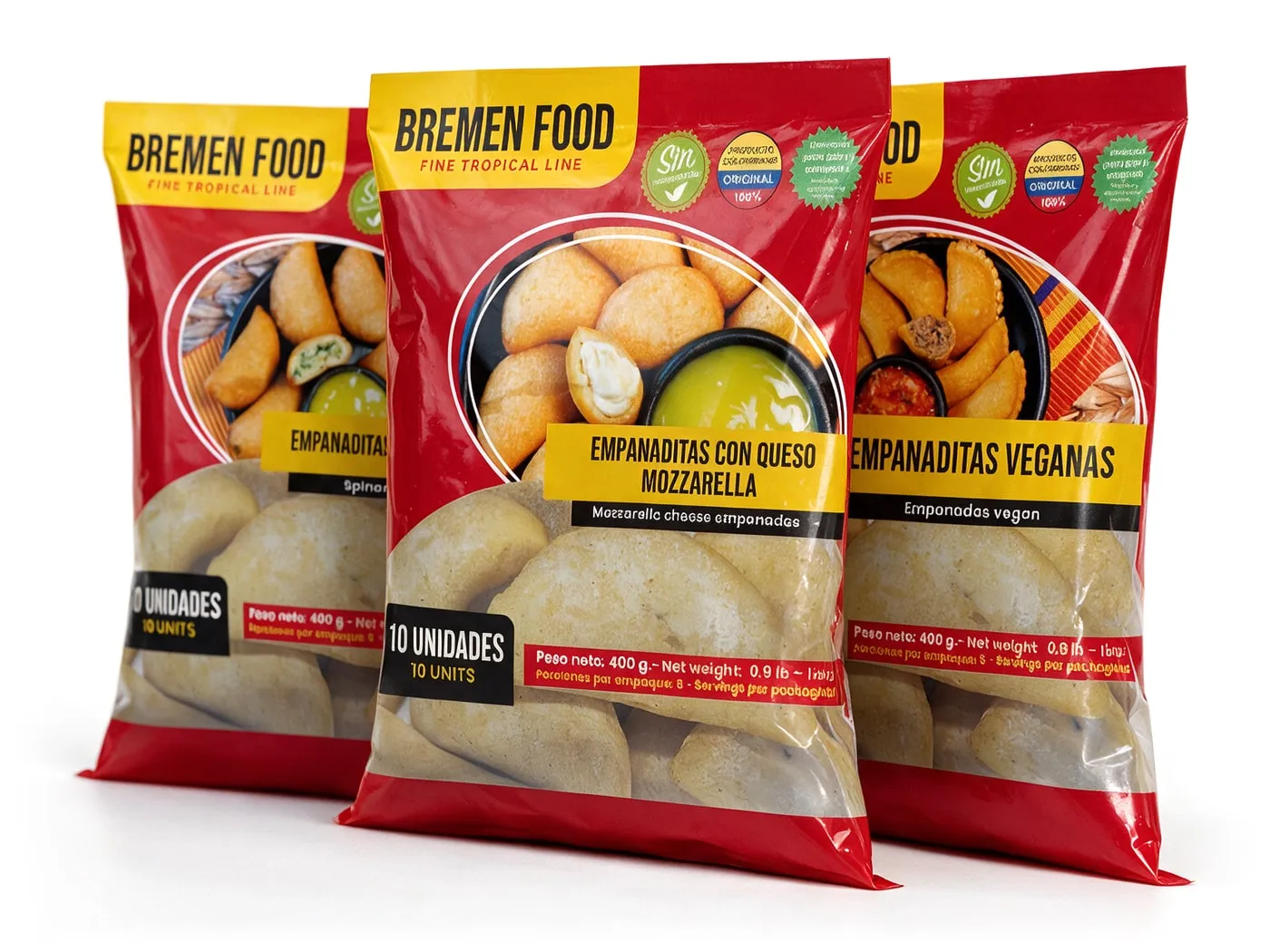 Three packs of Bremen Food empanadas: mozzarella, spinach and vegan