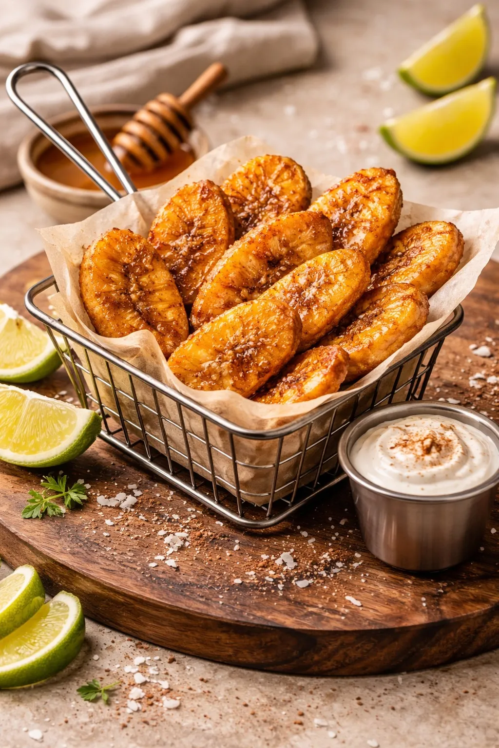 Fried ripe plantain in a wire basket with lime and dipping sauce