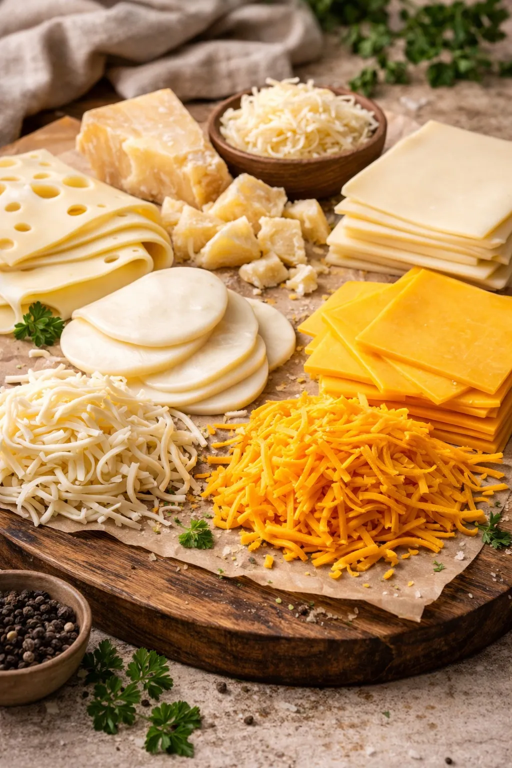 Board with block, sliced and shredded cheeses