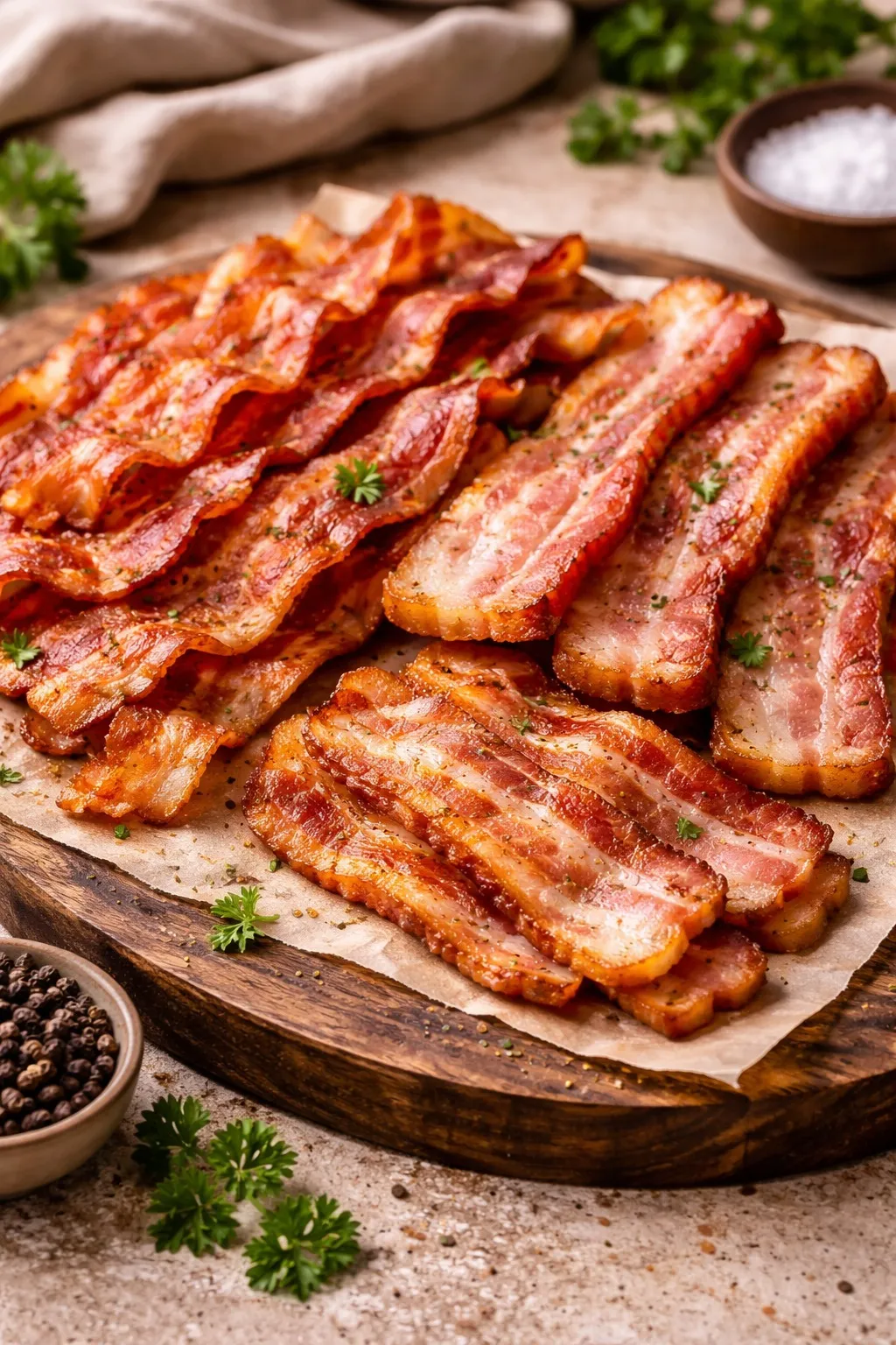 Crispy smoked bacon slices on a wooden board